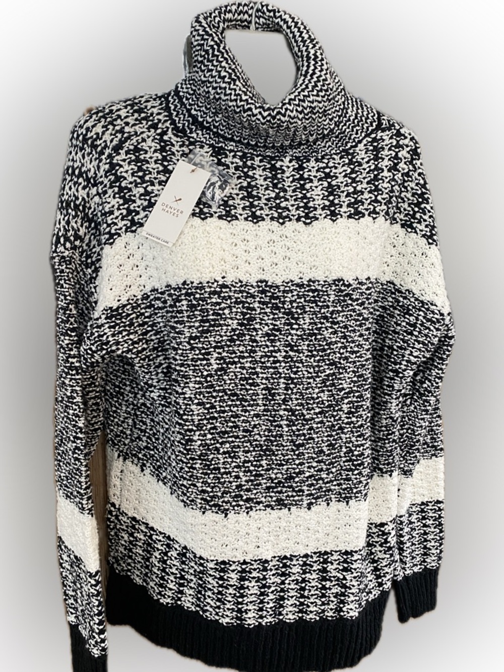 Denver Hayes Black and White Striped Turtleneck Sweater New Medium